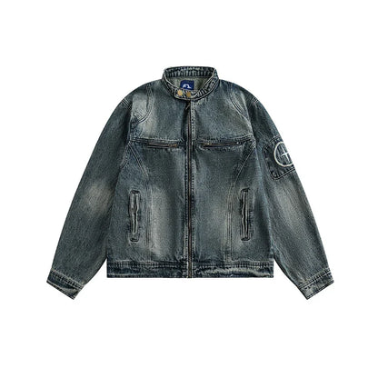 Retro-inspired men's denim jacket with intricate embroidered detailing, perfect for casual and smart-casual outfits