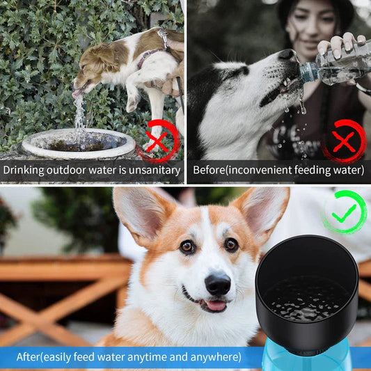 Portable dog water bottle with foldable drinking cup, made of durable, BPA-free plastic for convenient on-the-go hydration