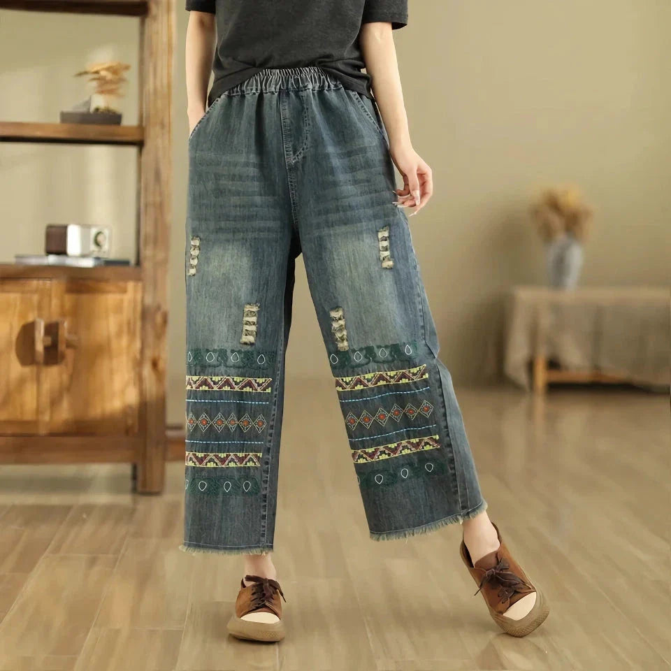 Boho Chic Wide-Leg Jeans with Intricate Vintage Embroidery and Distressed Finish