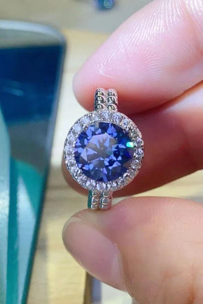 Elegant 2 carat moissanite engagement ring with a stunning royal blue centre stone and a durable 925 sterling silver band