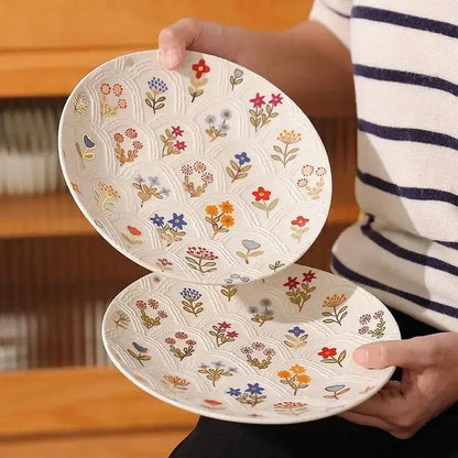 Elegant floral ceramic plate with intricate underglaze pattern, perfect for serving breakfast, lunch, dinner or desserts