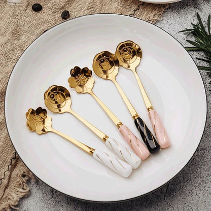 Elegant gold-plated mini stainless steel dessert spoons with colourful ceramic handles and floral designs