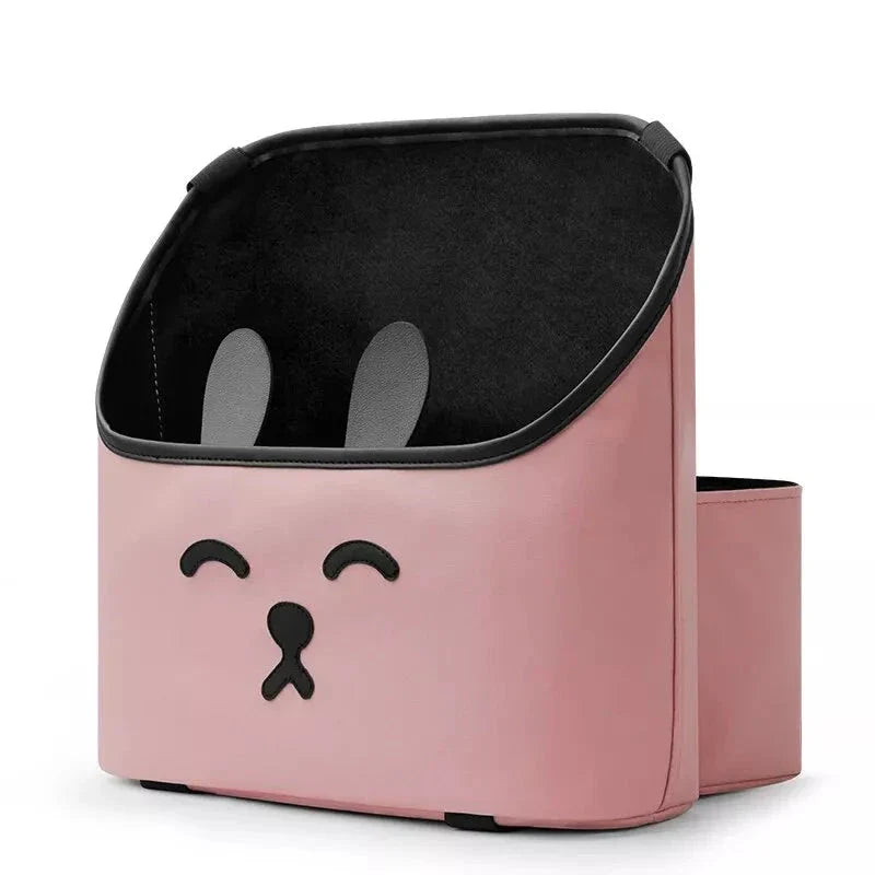 Premium leather car seat organiser with a delightful cartoon rabbit design, featuring dedicated compartments for papers, cups, and phablets