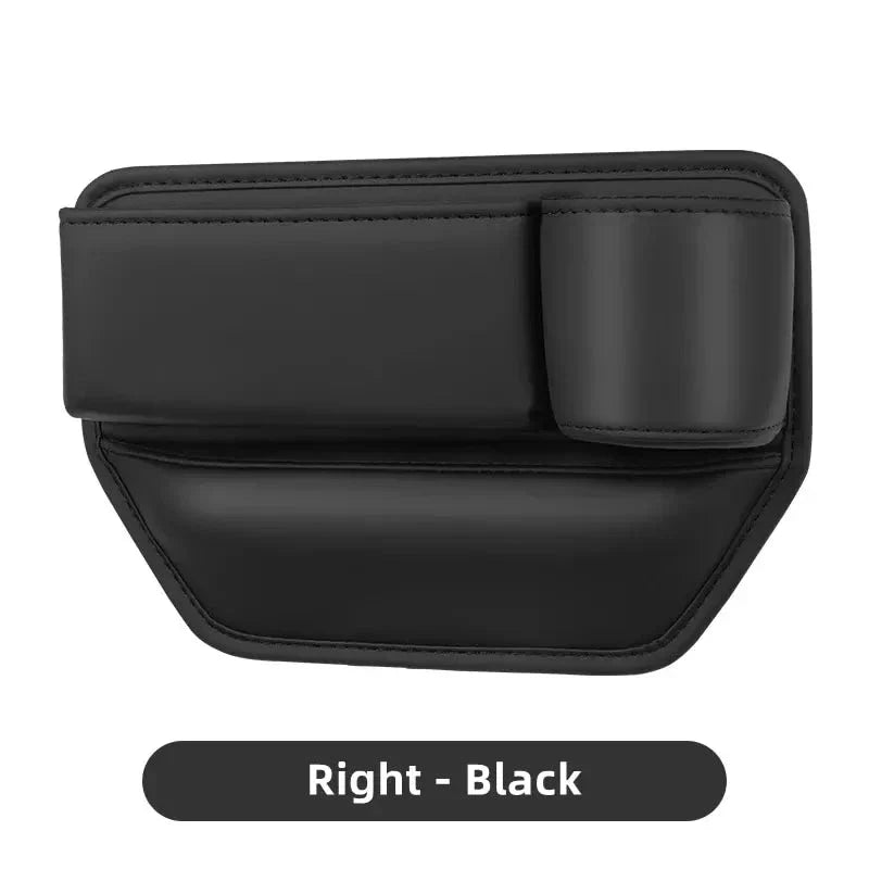 Leather Car Seat Gap Organiser with multiple storage compartments and cup holder, designed for easy installation and a sleek look in your vehicle.
