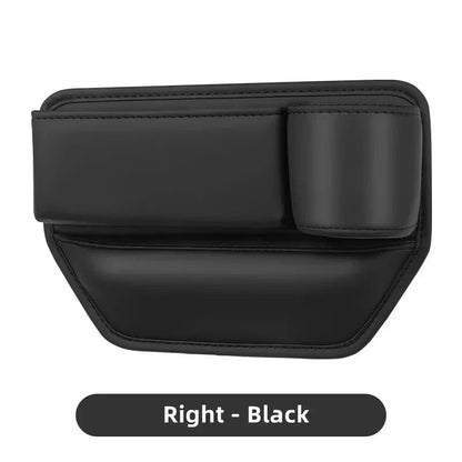 Leather Car Seat Gap Organiser with multiple storage compartments and cup holder, designed for easy installation and a sleek look in your vehicle.