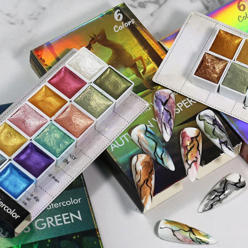 Dazzling watercolour nail art powder with iridescent, metallic, and glitter effects for creating vibrant, salon-quality nail designs