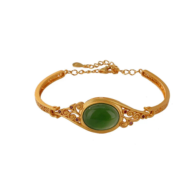 Pure silver bracelet with gilded jasper auspicious cloud design, inspired by traditional Chinese style