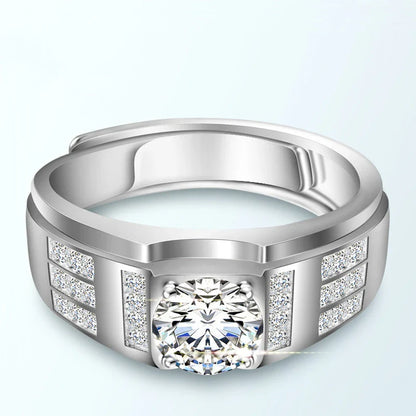 Premium S925 silver ring with a sparkling moissanite gemstone, suitable for unisex wear with an adjustable opening for a customized fit.