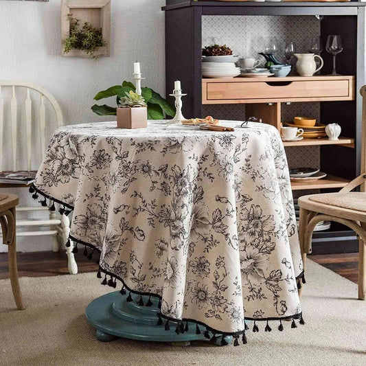 Elegant floral cotton linen round tablecloth with charming tassels, perfect for dining and home decor in the UK