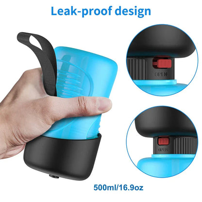 Portable dog water bottle with foldable drinking cup, made of durable, BPA-free plastic for convenient on-the-go hydration