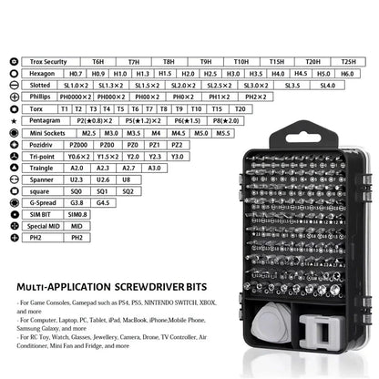 A comprehensive 115-in-1 precision screwdriver set with chrome-vanadium steel bits for repairing electronics, household items, and DIY projects