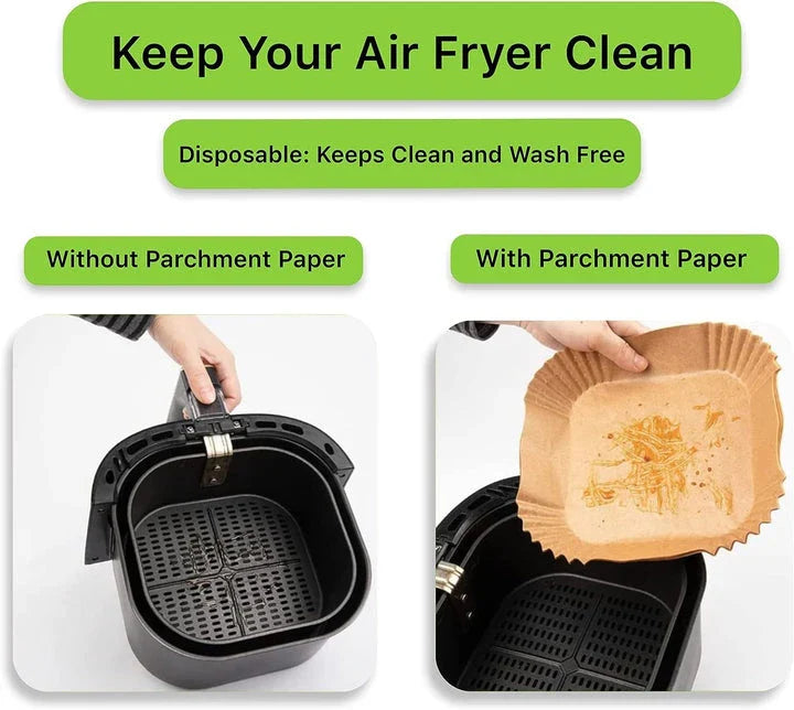 50 disposable air fryer liners made from non-toxic wood paper for easy clean-up and non-stick cooking