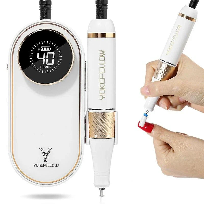 Cordless electric nail drill with 40,000 RPM motor, rechargeable battery, and HD display for professional-quality nail care