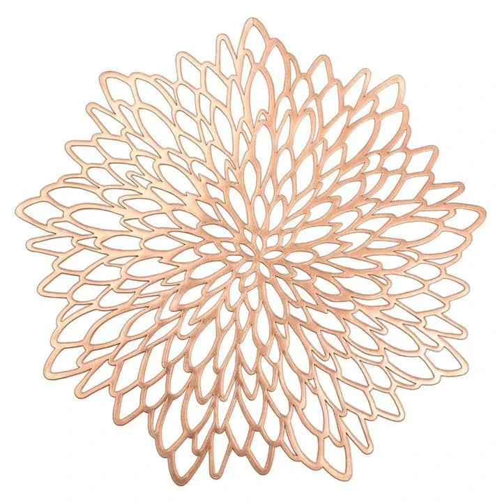 Elegant floral-patterned PVC dining table coaster in a contemporary setting, protecting a wooden table surface
