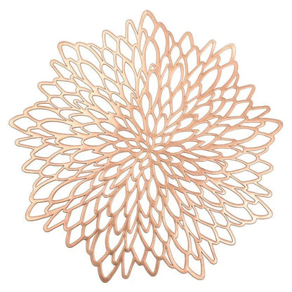 Elegant floral-patterned PVC dining table coaster in a contemporary setting, protecting a wooden table surface