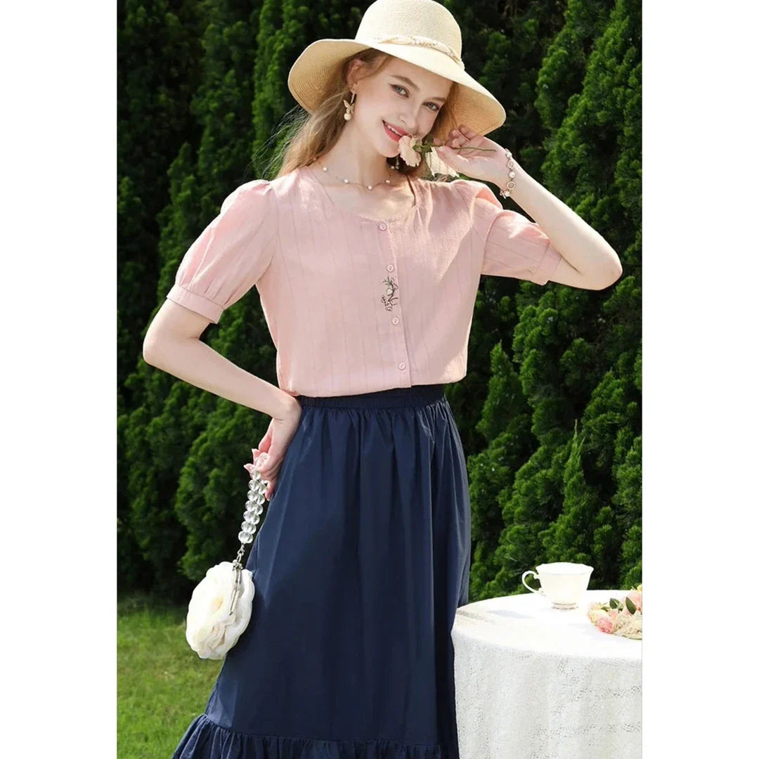 Elegant Embroidered Cotton Blouse in Autumn Colours, Featuring a Refined Square Neckline and Delicate Floral Embroidery