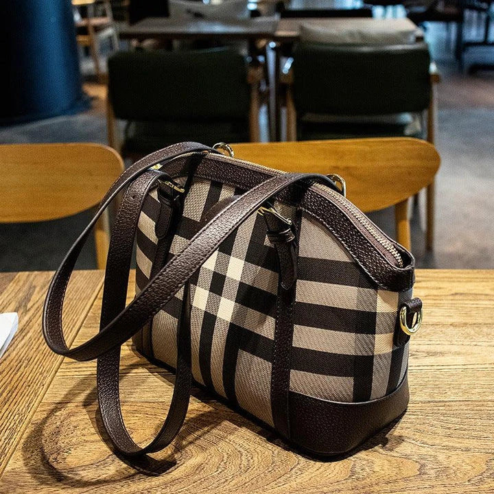 Premium British Ladies' Plaid Shoulder Tote Bag in a stylish brown colour, featuring a spacious bucket design and a classic plaid pattern