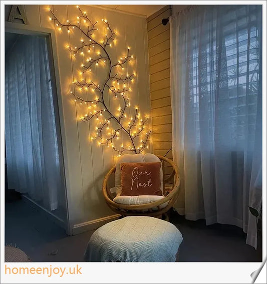 Enchanting willow vine with warm white LED lights, creating a serene and cozy ambience in a living room