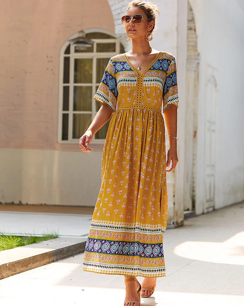 Elegant Bohemian-inspired autumn dress in vibrant yellow, made from premium cotton for a soft and comfortable feel.