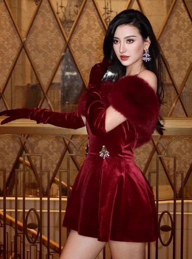 Elegant off-the-shoulder red mini dress with plush short skirt, luxurious polyester fabric, and versatile formal-to-casual design