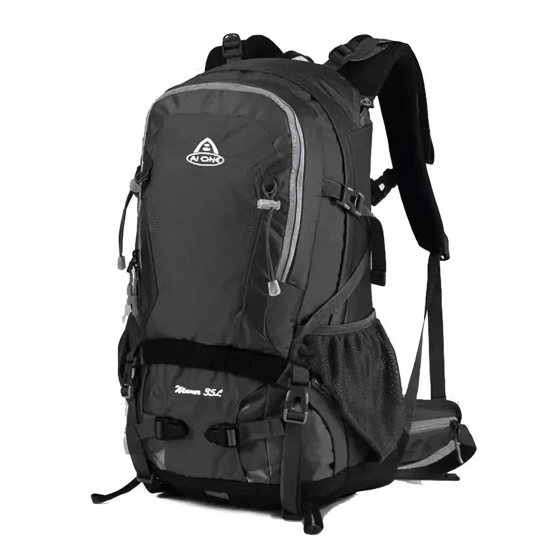 Durable outdoor climbing backpack with integrated raincover, featuring waterproof nylon construction, adjustable straps, and multiple storage compartments.