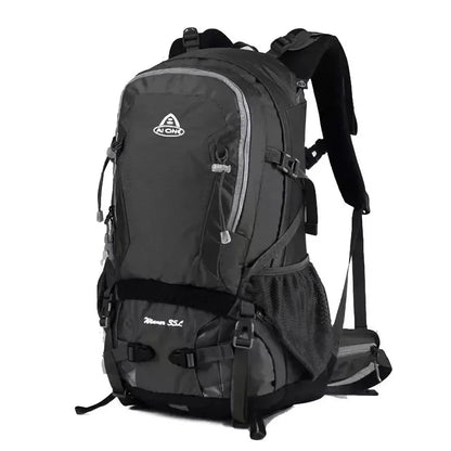 Durable outdoor climbing backpack with integrated raincover, featuring waterproof nylon construction, adjustable straps, and multiple storage compartments.