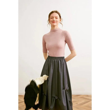 Women's Mock Neck Wool Blend T-Shirt in Pink - Elegant and Comfortable British-Inspired Design