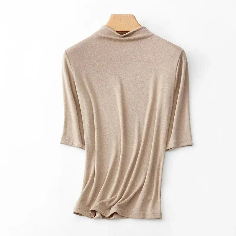 Women's Mock Neck Wool Blend T-Shirt in Pink - Elegant and Comfortable British-Inspired Design