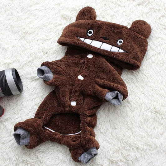 Cosy and comfortable fleece jumpsuit for small dogs in a classic brown colour