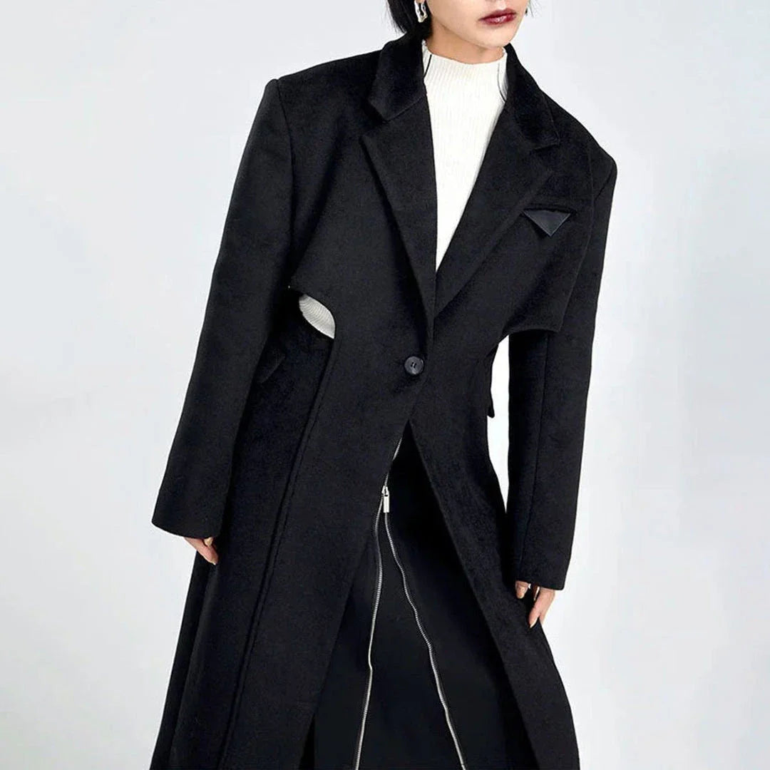 Elegant Autumn-Winter Woollen Overcoat with Waist Cut-Out Design - Premium Quality, Fashionable Silhouette, and Sophisticated Details