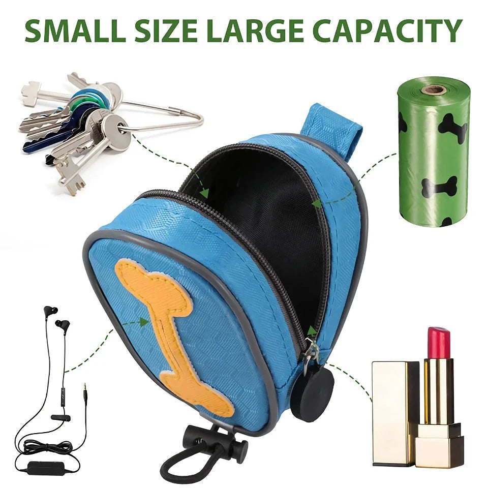 A heavy-duty, weatherproof dog poop bag dispenser made of Oxford fabric with a lavender-scented, leak-proof bag system.