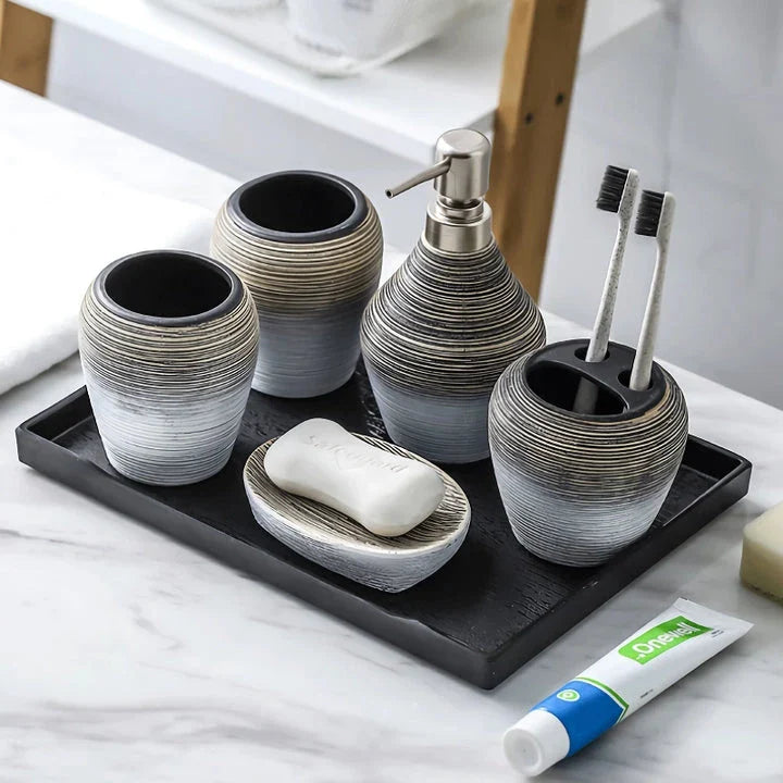 Elegant retro ceramic bathroom accessories set with toothbrush holder, soap dispenser, and mouthwash cup