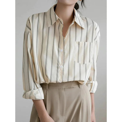 Elegant striped office blouse with chic drop shoulder design, made from premium polyester-cotton blend for durability and comfort