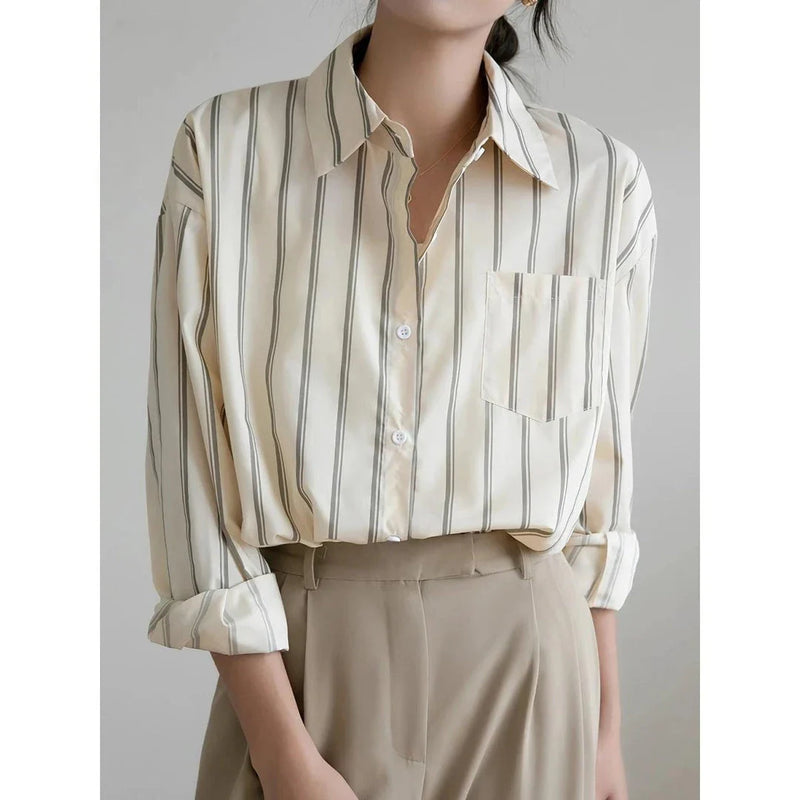 Homeenjoy UK Elegant Striped Office Blouse with Chic Drop Shoulder Design