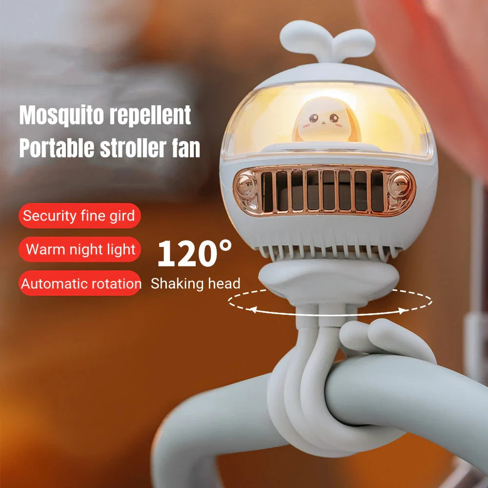 Cartoon Safety Bladeless Stroller Fan with Adorable Night Light and Mosquito Repellent Function