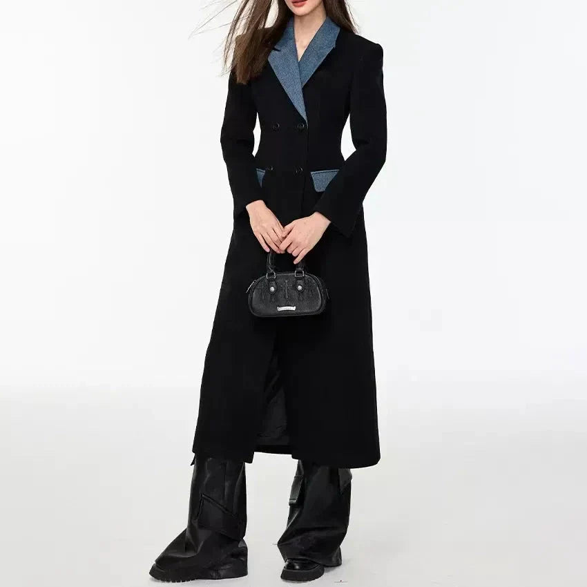 Elegant patchwork trench coat in black with contrast design, ideal for British autumn and winter