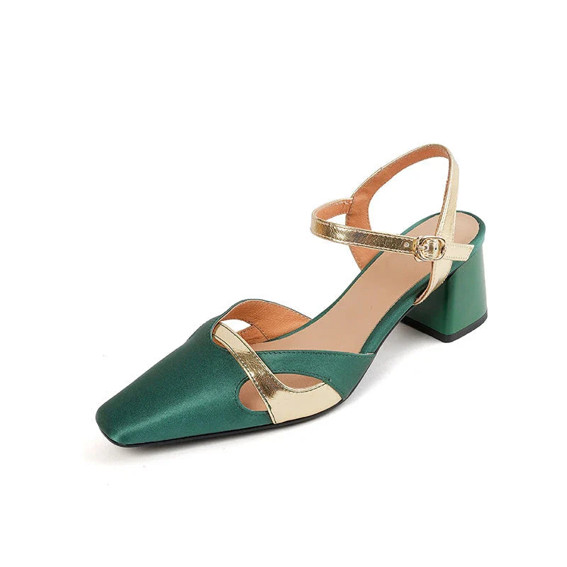 Elegant green high heel sandals with ankle strap, showcasing a sophisticated square heel design and premium materials