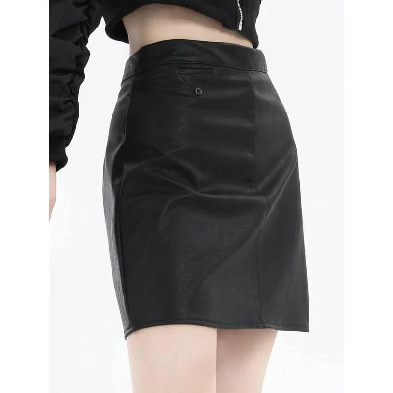A chic faux leather high-waisted mini skirt in black, perfect for the modern British woman's autumn and winter wardrobe.