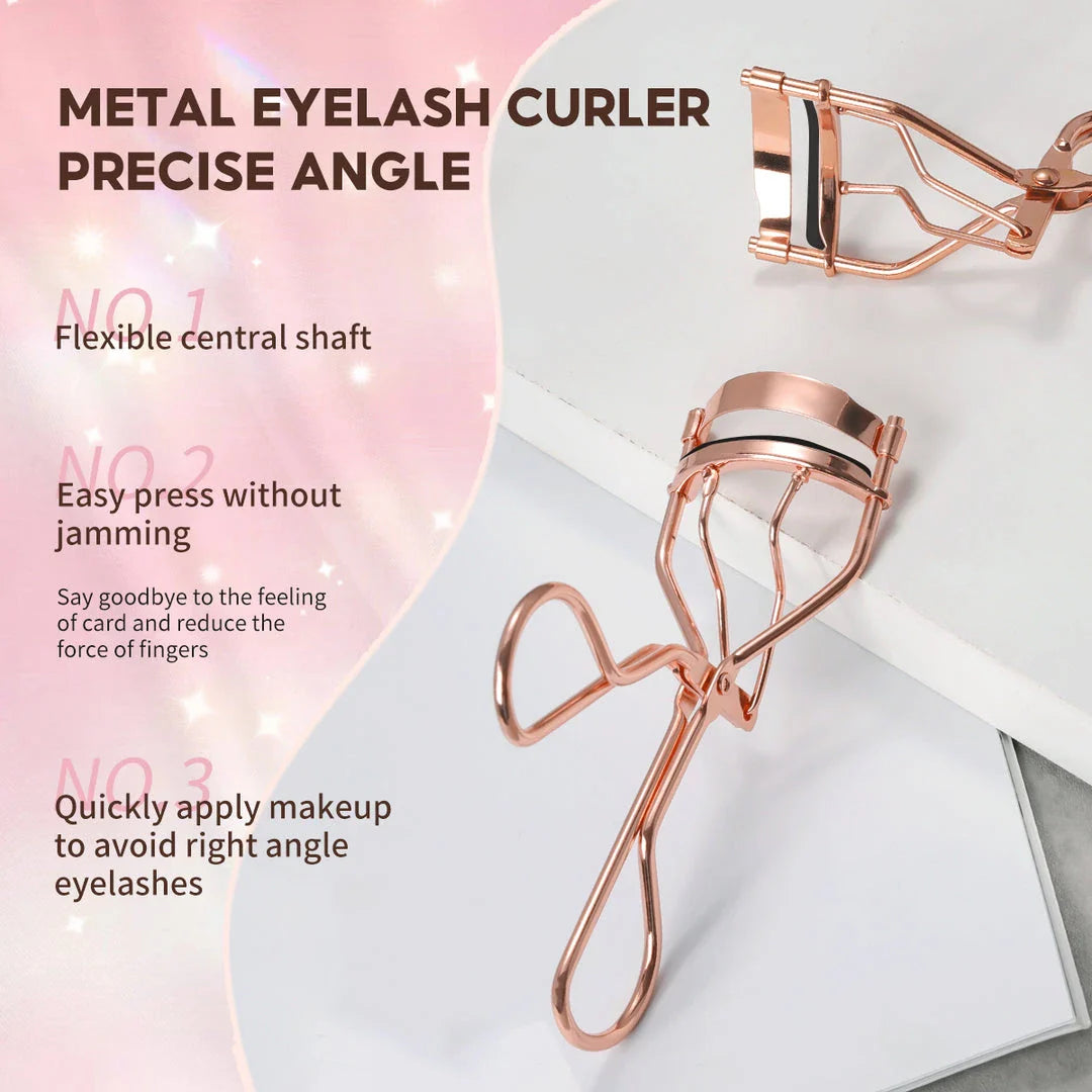 Rose gold eyelash curler with a silicone pad for gentle, long-lasting lash curling