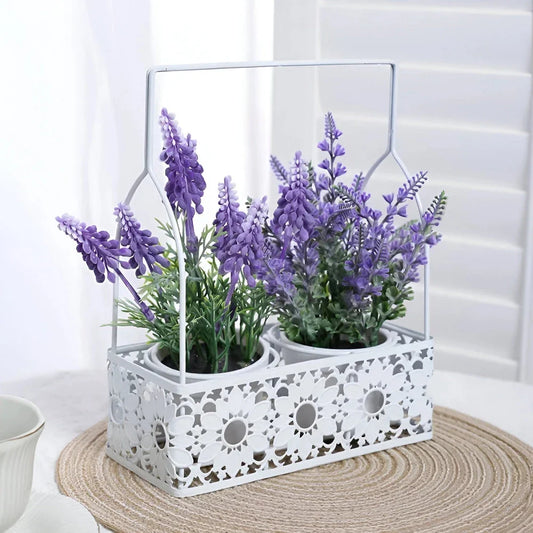 Artificial lavender floral arrangement in an iron basket, creating a rustic and elegant home decor piece