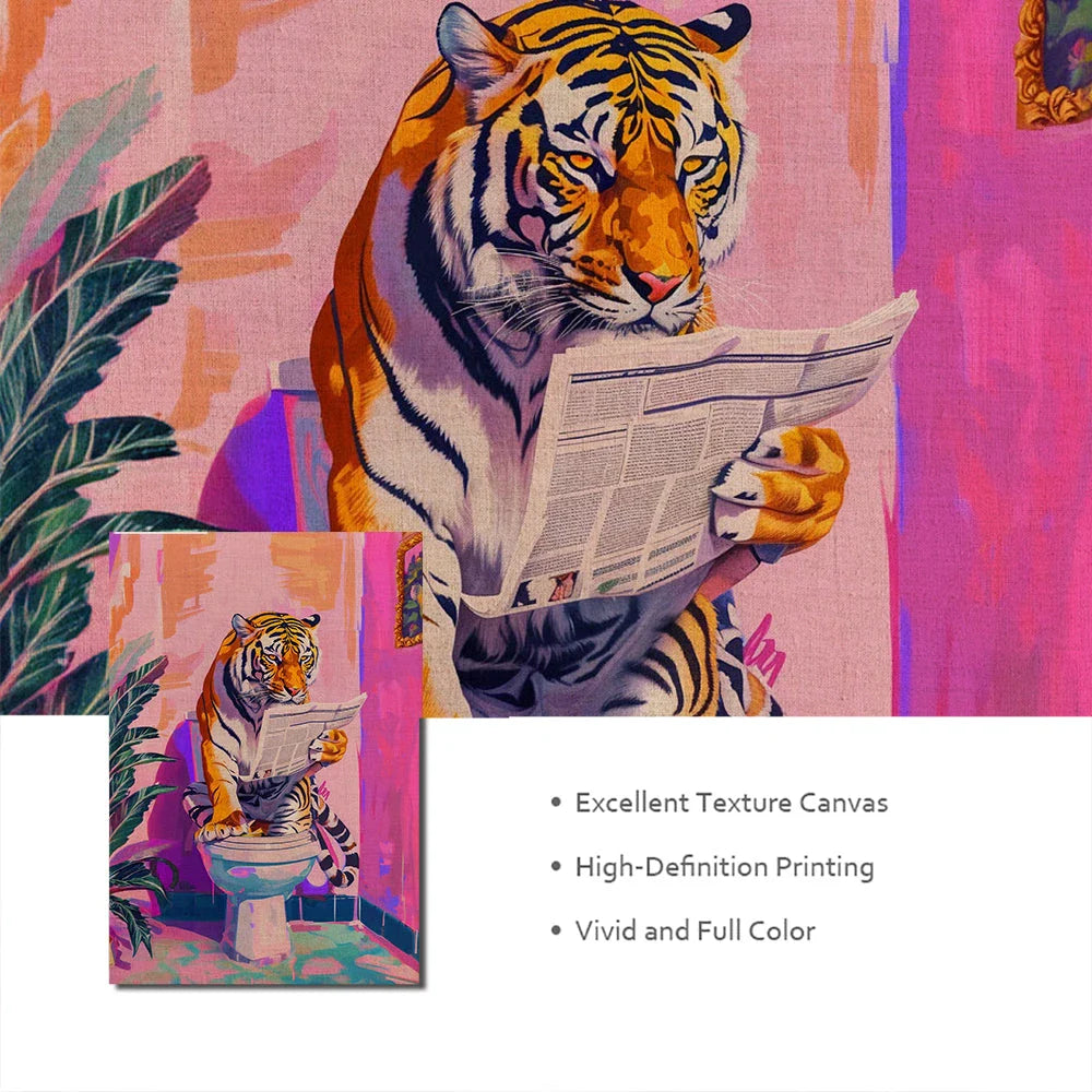 Funny Jungle Animal Tiger in a Bathroom Canvas Print, a modern Nordic art piece featuring a cheeky tiger in a bathroom setting