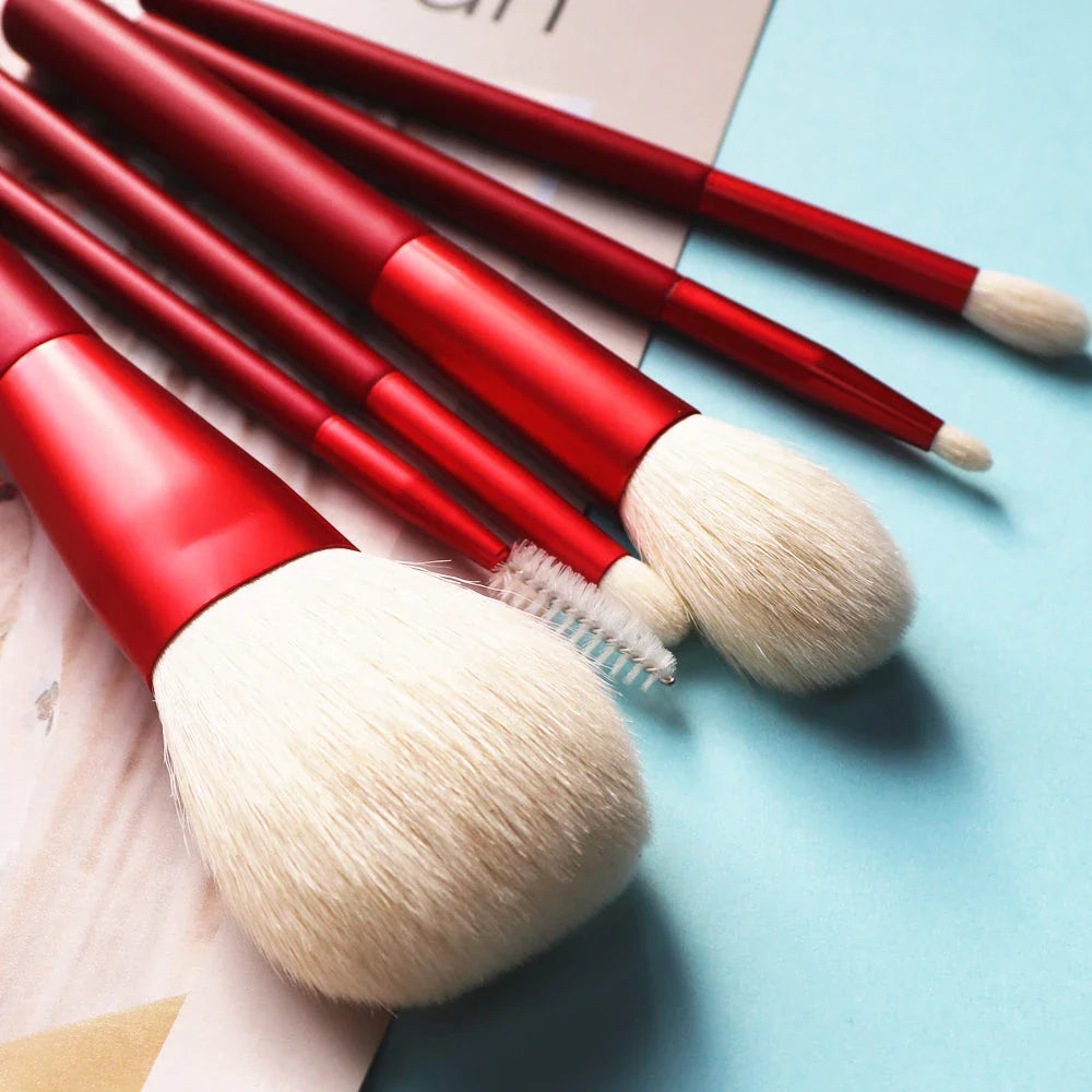 Premium 6-Piece Natural Goat Hair Makeup Brush Set with Red-Coated Solid Wood Handles, Nylon Pouch, and Air Puff