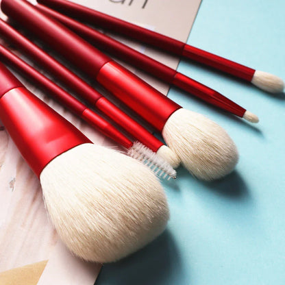 Premium 6-Piece Natural Goat Hair Makeup Brush Set with Red-Coated Solid Wood Handles, Nylon Pouch, and Air Puff