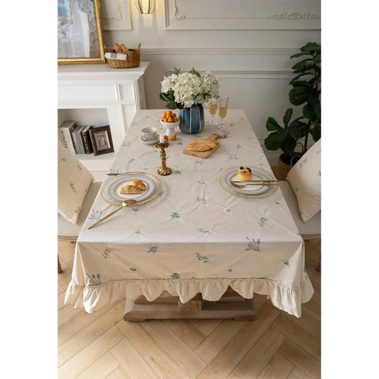 Elegant British Cotton Tablecloth with Intricate Apricot Embroidery and Lotus Leaf Edge