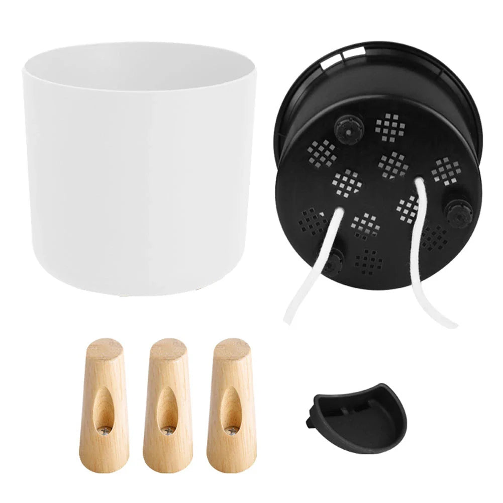 Modern self-watering planter with sleek wooden stand, available in small, medium, and large sizes