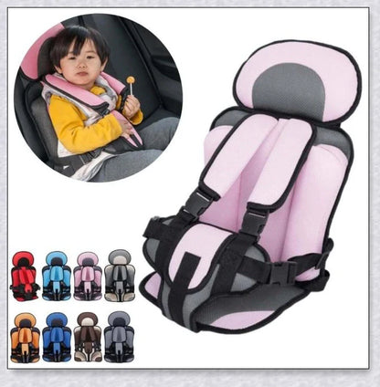 Adjustable infant car seat cushion with 5-point harness, plush padding, and foldable design for safe and comfortable travel with children