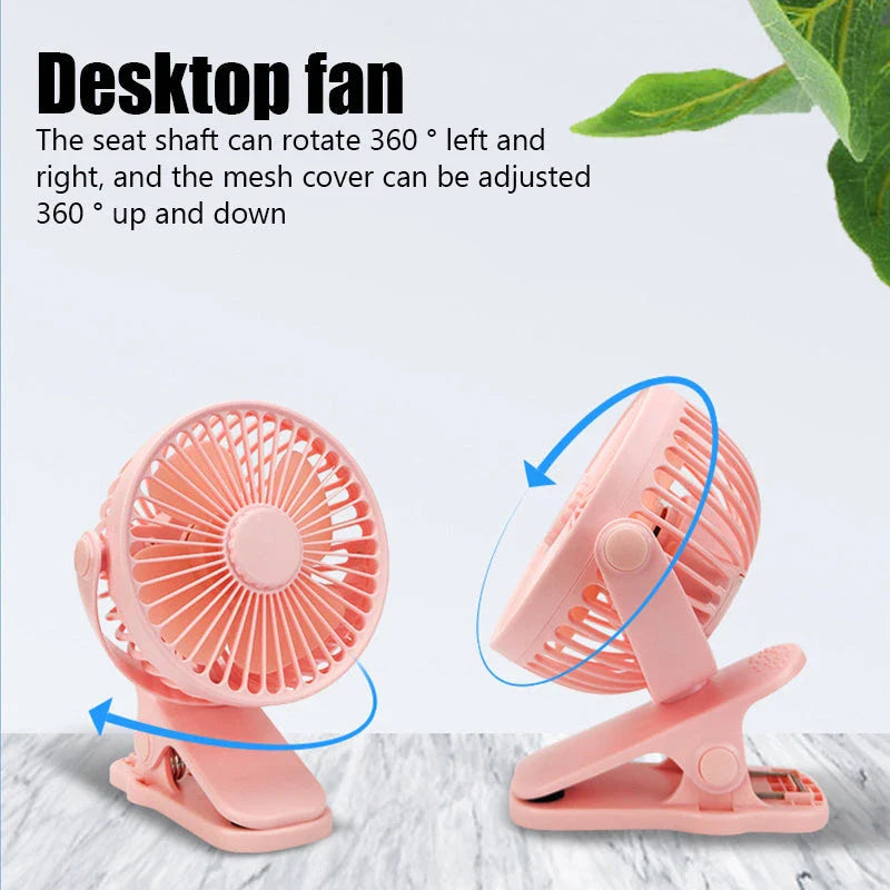 Portable Mini Hand Clip Fan with adjustable wind speed, 360° rotation, and USB rechargeable design for instant cooling relief
