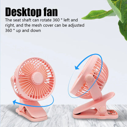 Portable Mini Hand Clip Fan with adjustable wind speed, 360° rotation, and USB rechargeable design for instant cooling relief