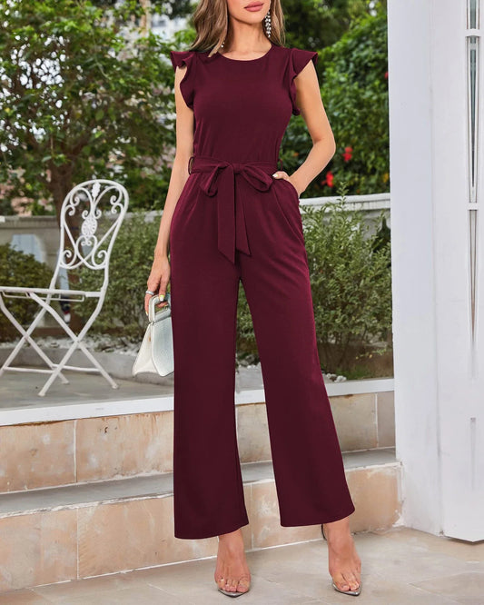 Elegant ruffled wide-leg jumpsuit in black, pink, and blue colours for stylish women