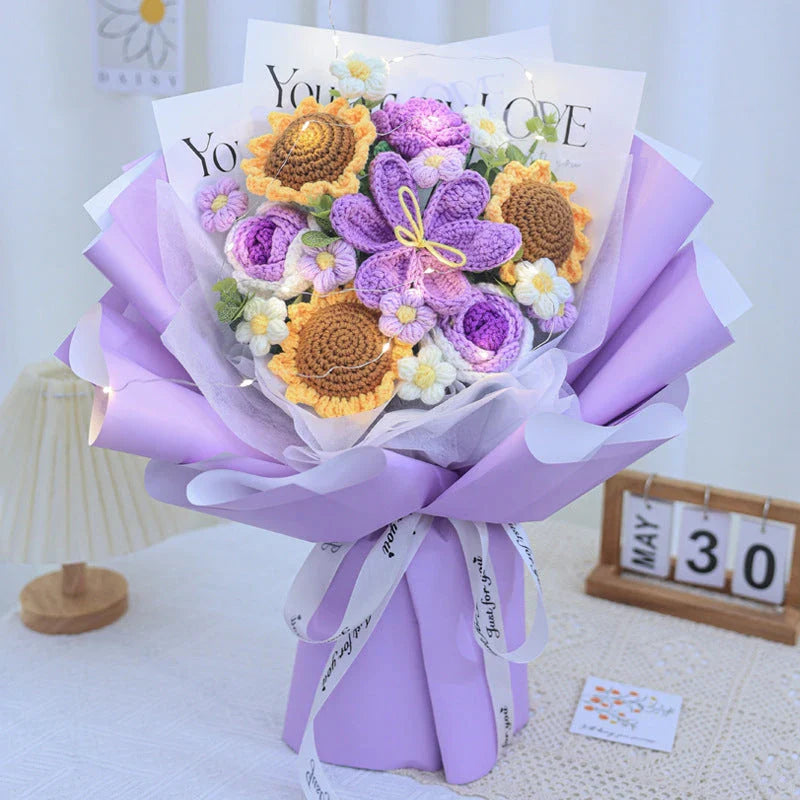 Beautifully crafted knitted bouquet with vibrant sunflowers, featuring a warm LED lighting system for a captivating display